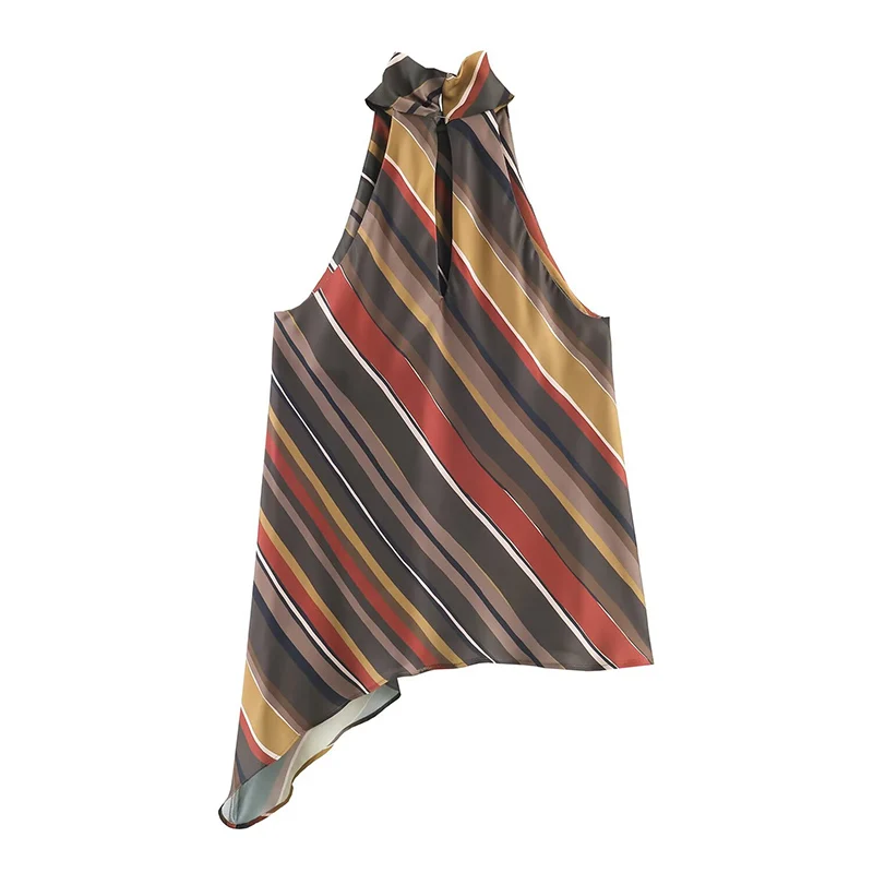 New Halter Tops Fashion Backless Stripe Elegant Crop Top Woman Sleeveless Asymmetry Short Tops For Women High Street Casual Tops