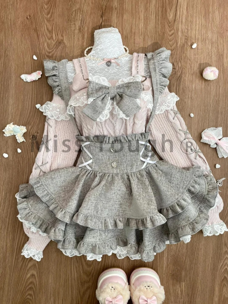 Winter Kawaii Lolita 3 Piece Sets Women Bow Cloak + Lace Long Sleeve Slim Tops + High Waist Strap Skirt New Sweet Princess Suits 3