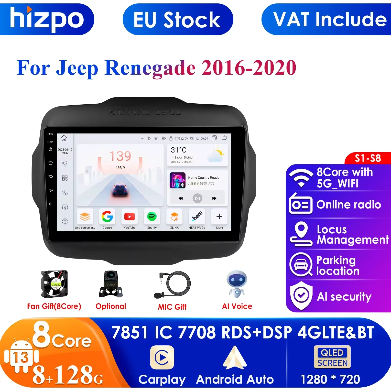7862 Carplay 4G-LTE 9" Car Radio Android for Jeep Renegade 2016-2020 Multimedia Player Navigation GPS 2 Din Stereo DSP Autoradio