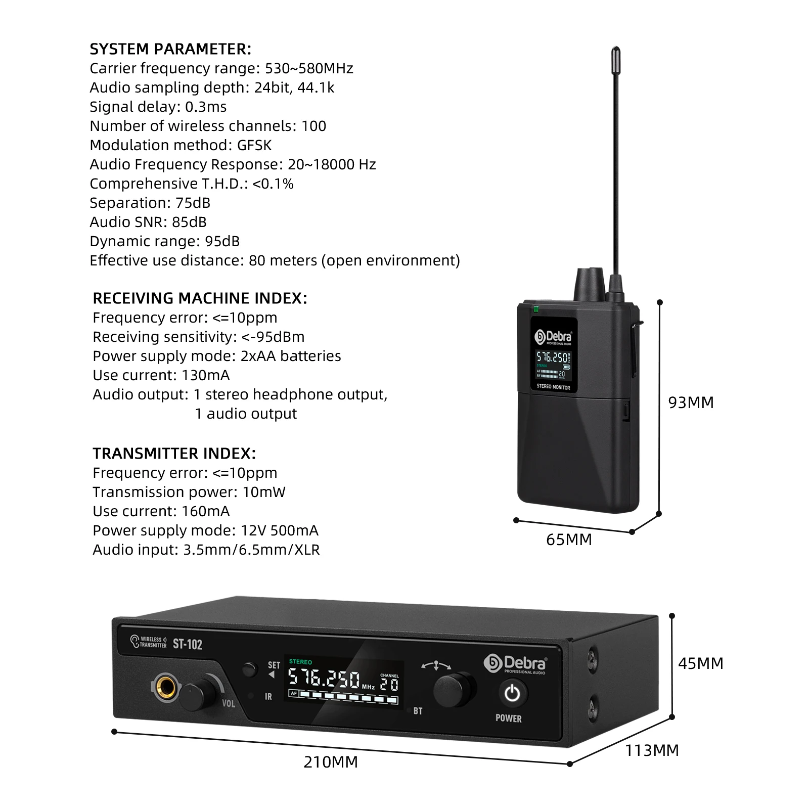 Debra ST-102 Stereo In-Ear Wireless Monitoring System Professional 530~580MHz Fr