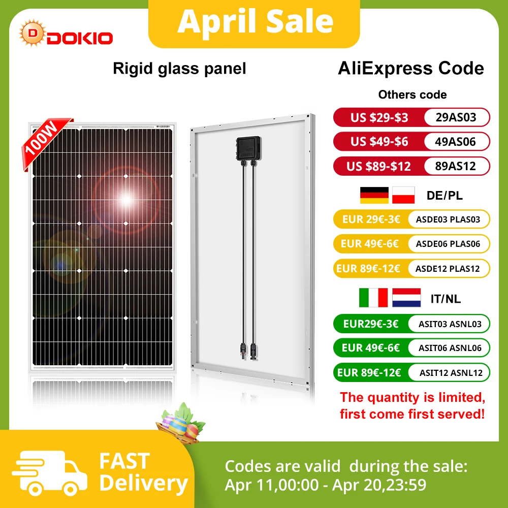DOKIO DSP-100M 18V 100W Rigid Solar Panel China 18V Monocrystalline Silicon Waterproof Solar Panel Charging 12V