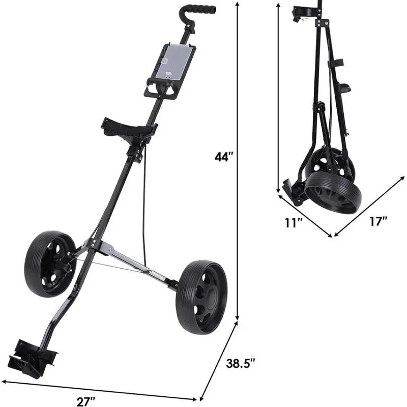 Golf Pull Cart Iron Black Adjustable Golf Trolley Cart 2 Wheels Push Pull Aluminium Alloy Foldable Trolley With Brake