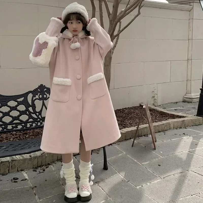 여성 후드 중간 길이 싱글 브레스트 플러시 에지 재킷, 핑크 코트, 두꺼운 스위트 모직 코트, 레이디 의류, 가을 겨울 신상