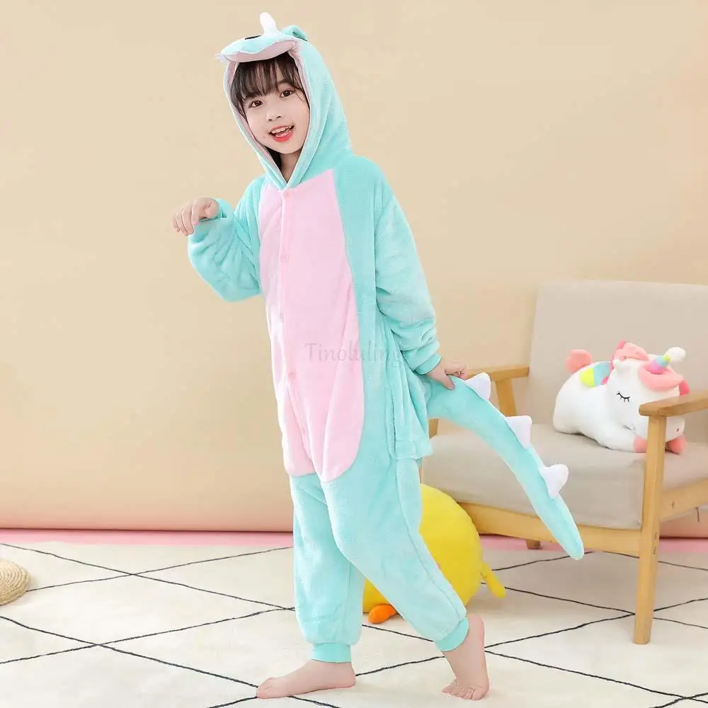 One Piece Hooded Dinosaur Kigurumi Pajamas Flannel Boys Jumpsuits Halloween Cosplay Costume Unicorn Kigurumi Onesies for Kids
