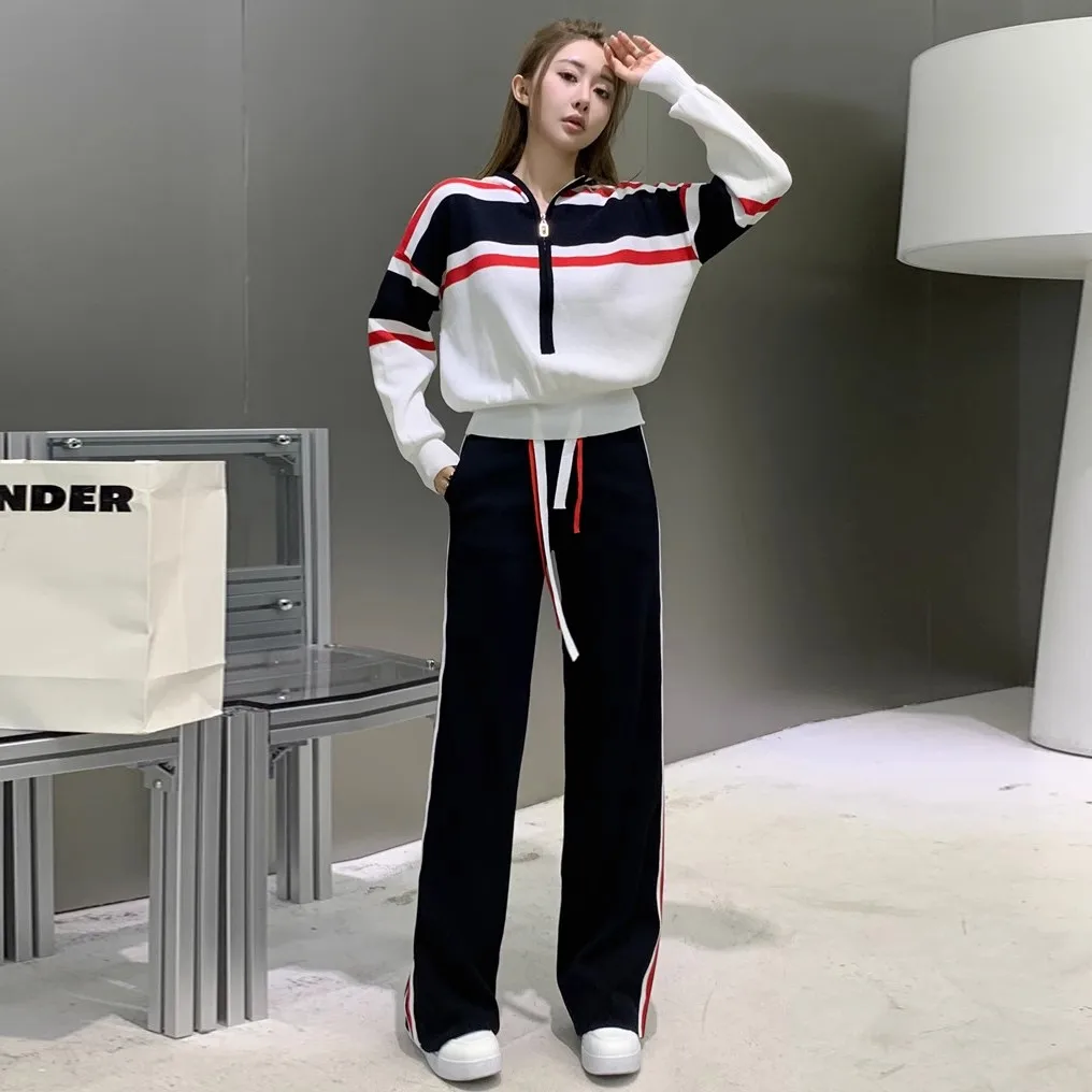 

Women's Long Sleeve Knit Striped Hooded Pullover Sweater+Elastic Waist Pants Sets Fashion Trousers Two Pieces Sportswear Outfits