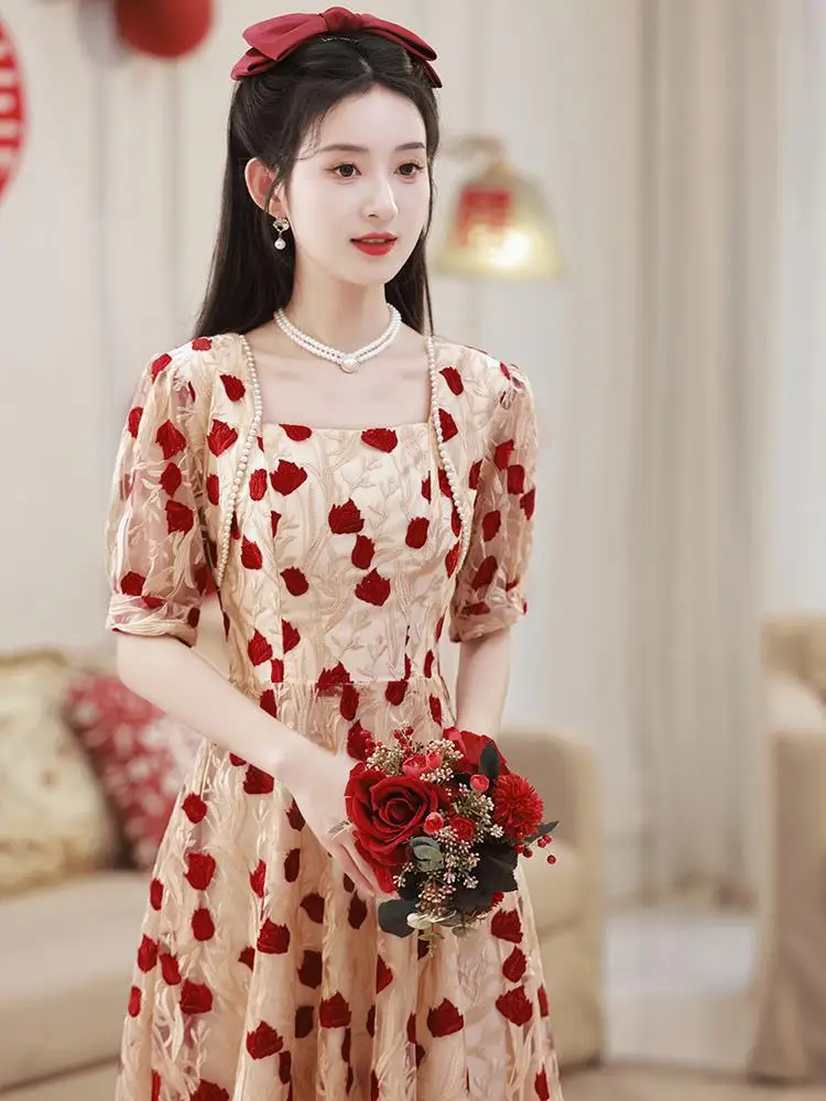 

Harajpee 2024 New Bride Wine Red Dress Luxury Flower Engagement Dress Square Collar Weekdays Beautiful Romantic Chic Vestido