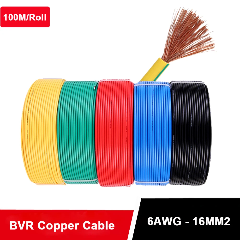 

100 м/рулон BVR 6awg 16 мм² ПВХ медные Твердые многожильные провода красный черный чистый электрический кабель 220 В питания огнестойкая медная проволока