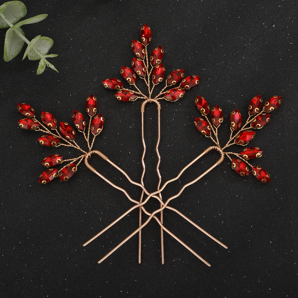Vintage Gold Rhinestone Hair Pins for Wedding Hair Accessories Red Bridal Headpiece Handmade Blue Headdress Jewelry Silver Tiara