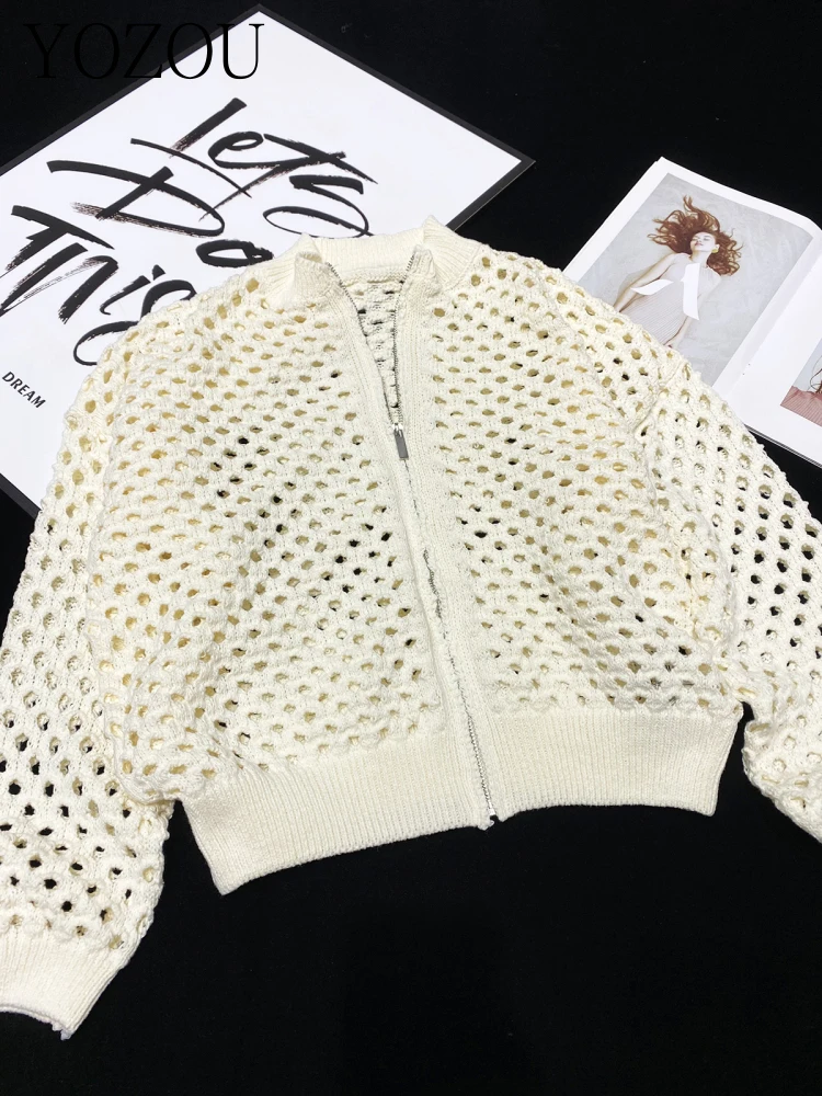 

[YOZOU] Design Knitwear Stylish Hollow Out Loose Zipper Knitted Bomber Jacket White Beige Mesh Short Sweater Cardigan Women
