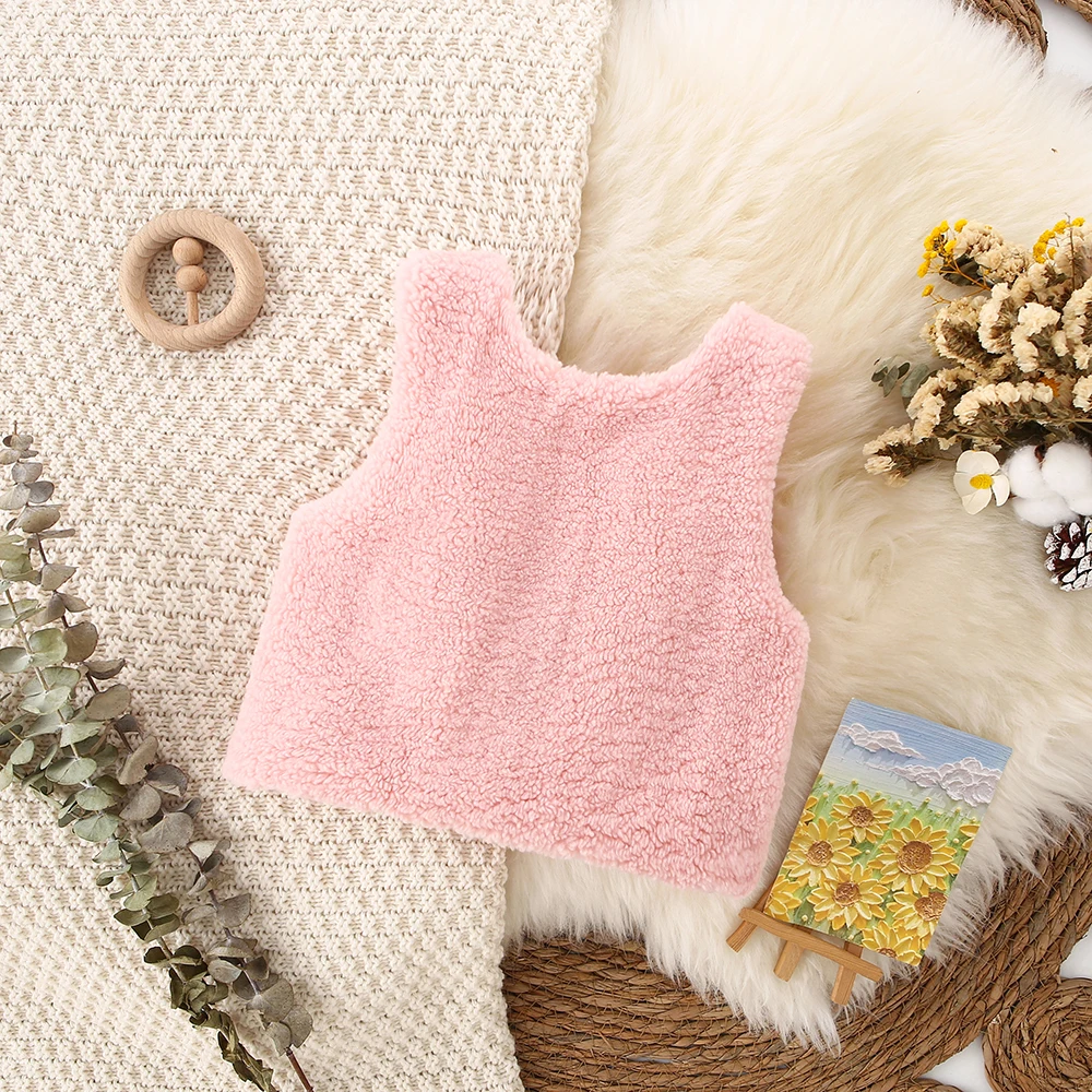 Autumn and Winter Girls' Cute Granular Velvet Vest New Cowhorn Button Little Bear Cartoon Solid Color Versatile Coat