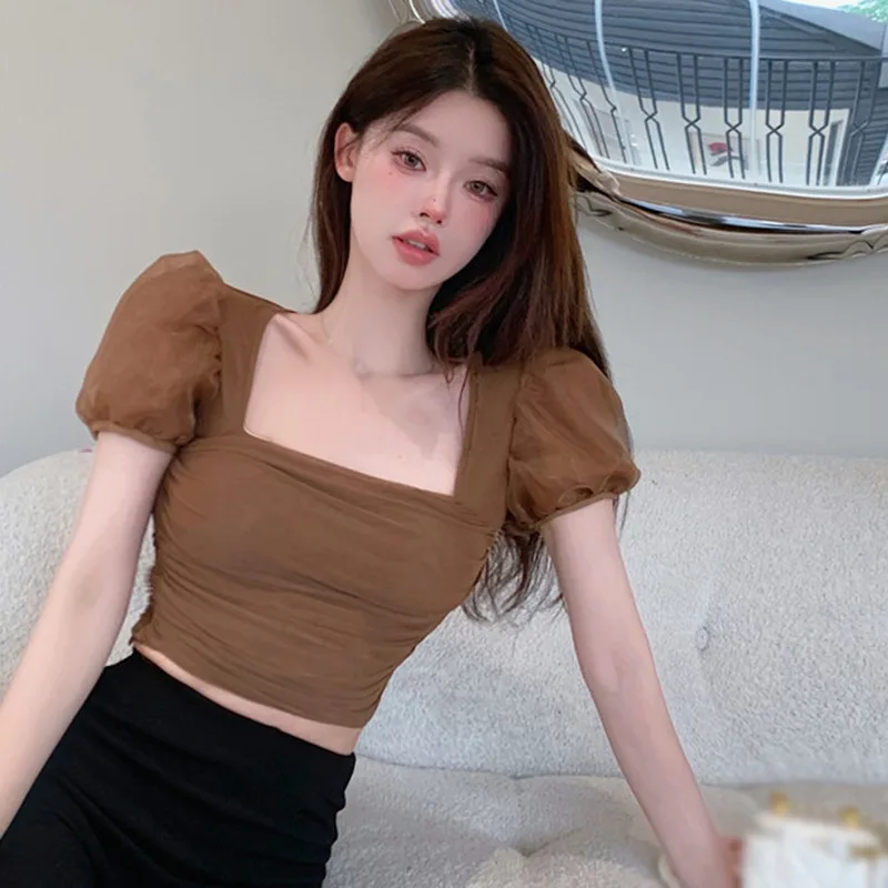 Summer Pleated Bubble Sleeve Gauze Blouse Slim Girl Women Shirts