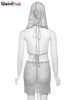 Weird Puss Sequins Women 2piece Set Sexy See Through Irregular Backless Hooded Tank Tops+Peach Hip Skirts Midnight Clubwear Suit 6