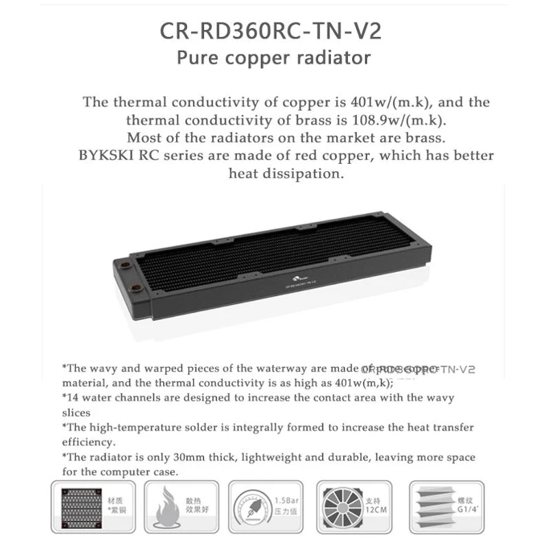 CR-RD360RC-TN-V2-WH ホワイトラジエーター 360mm Bykski-高性能熱放散,銅製ラジエーター360mm,厚さ30mm,12cm