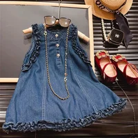Vêtements décontractés à la mode pour filles de 2 à 7 ans, Version coréenne, robe en Denim plissée à simple boutonnage, sans manches, pour l'été 2