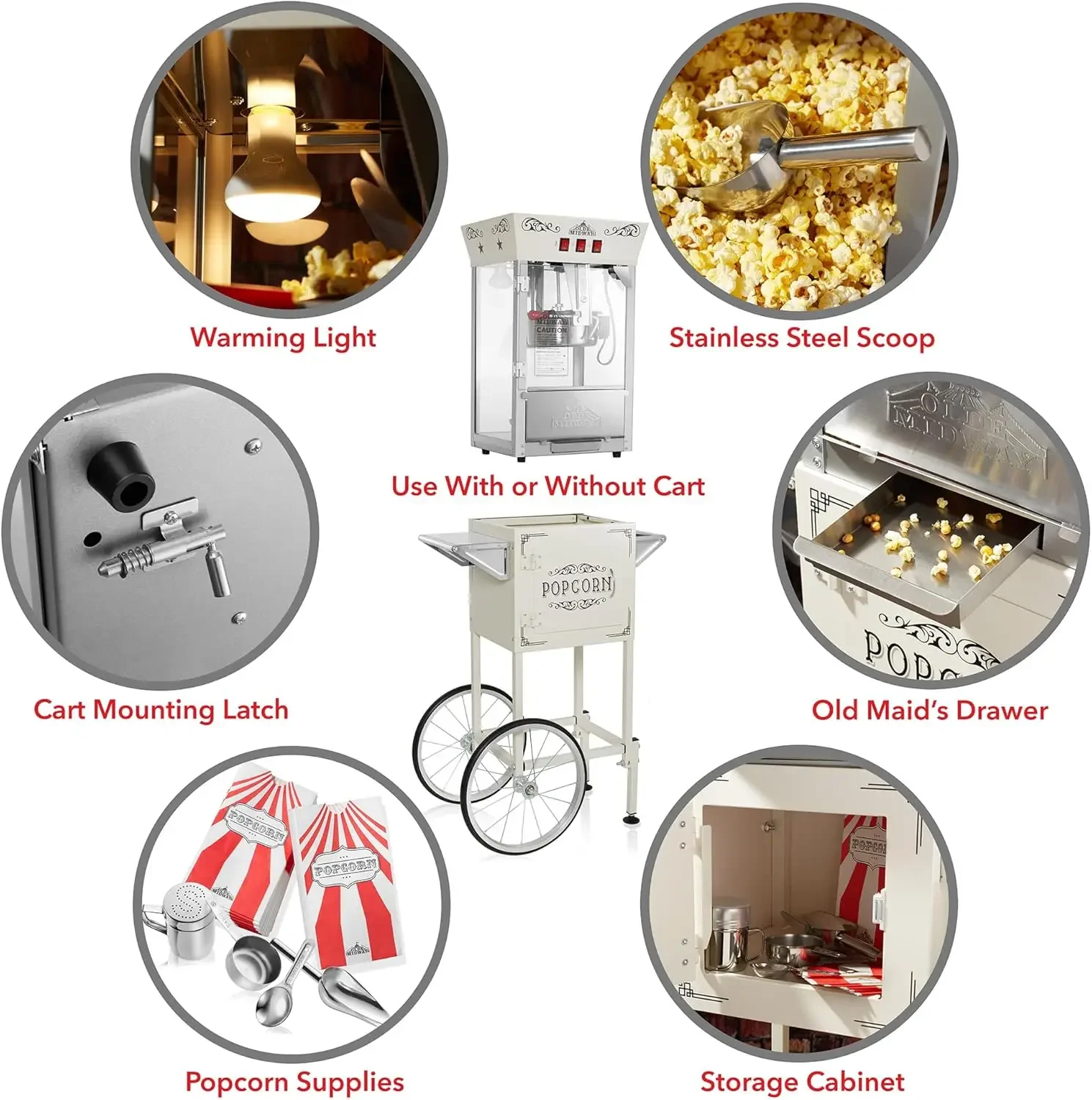 Midway Movie Theater-Style Popcorn Machine Maker with Cart and 10-Ounce Kettle - Cream, Vintage-Style Popper on Wheels 6