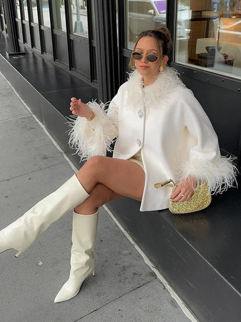 Elegant Feather Collar Cape Coats for Women 1