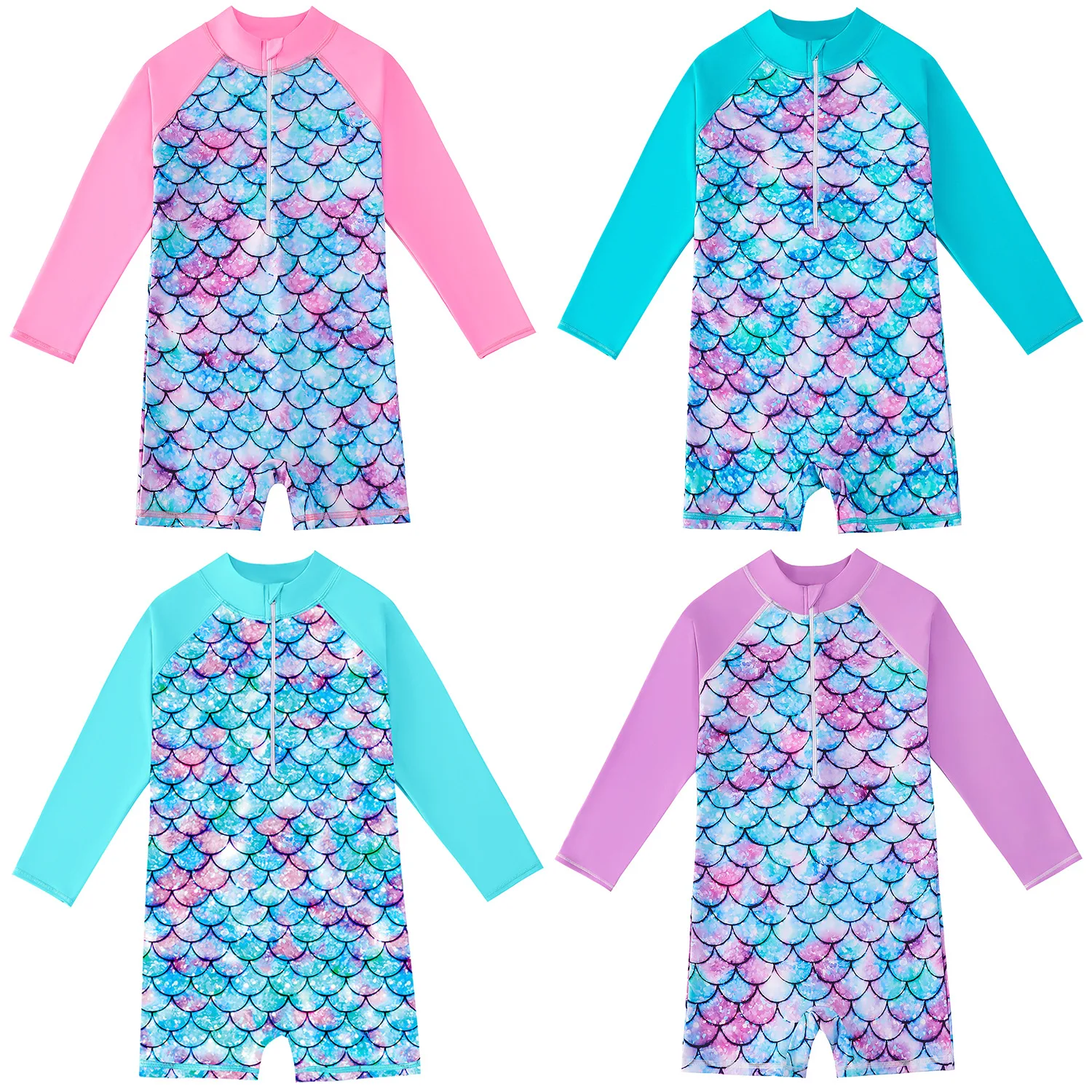 2024 Summer Girls Mermaids Long Sleeves Round Neck One-piece Swimsuit For 4-12Years Children Fish Scale 3D Print Bathing Suit 2