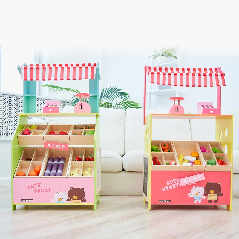 Children Pretend House Play Fruit Vegetable Selling Stand Stall Role Play Set Montessori Educational Wooden Toys For Kid Gift 2