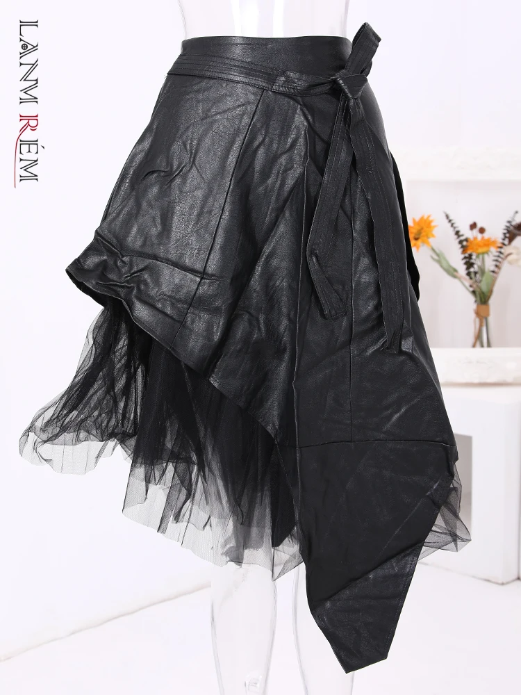 

LANMREM Black PU Leather Skirt Women Streetwear Irregular Mesh Stitching High Waist Streetwear Fashion Skirts 2024 New 2DA1825