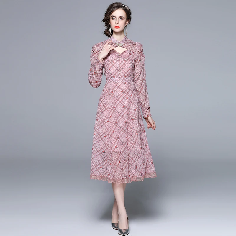 

Elegant Dresses for Women 2022 Spring Plaid Floral Mandarin Collar Puff Sleeve Lace Dress Chinese Fashion Vestido Midi Elegante
