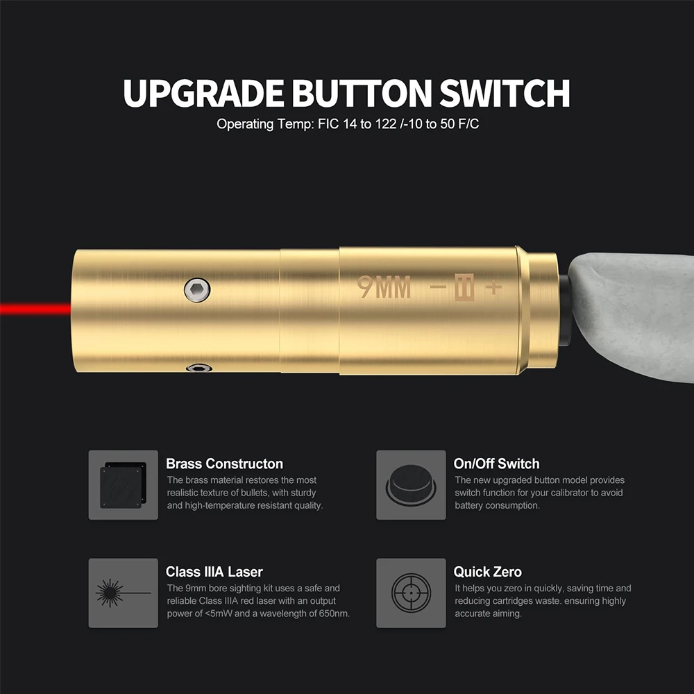 9mm .223Rem Laser Bore Sight Upgrade Switch Design Bore Sight Red Laser Sighter Zeroing Bullet Pointer