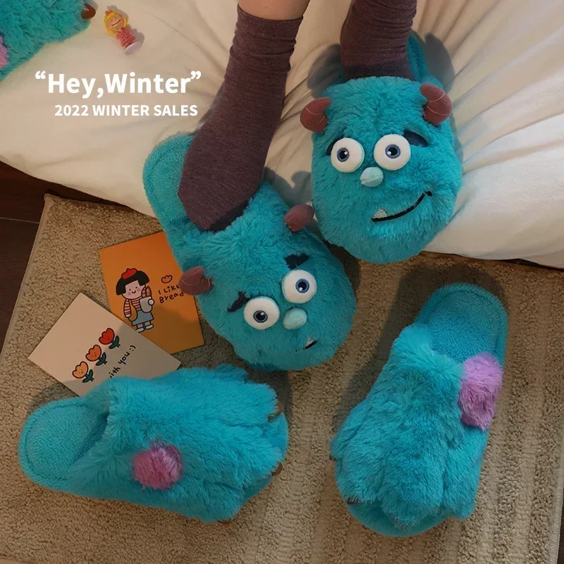 

Disney Cute Cotton Slippers Animation Sullivan Warm Coral Plush Adult Indoor Cotton Slippers Cartoon Couple Shoes Size 36-45