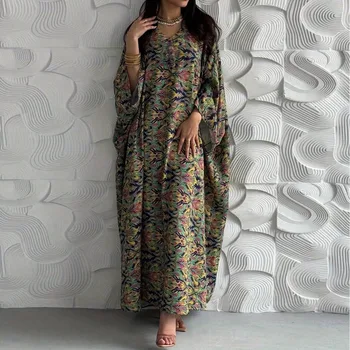 Middle Eastern Loose Pullover Abaya Muslim Full Sleeve Printed Floral Abayas Turkey Kaftans Women Jilbabs Islamic Maxi Dresses 1