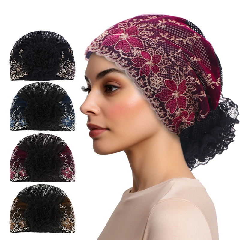 새로운 여성의 우아한 자수 레이스 꽃 터번 모자 헤드 커버 Headscarf 모자 이슬람 이슬람 Headwear 보닛 내부 ...