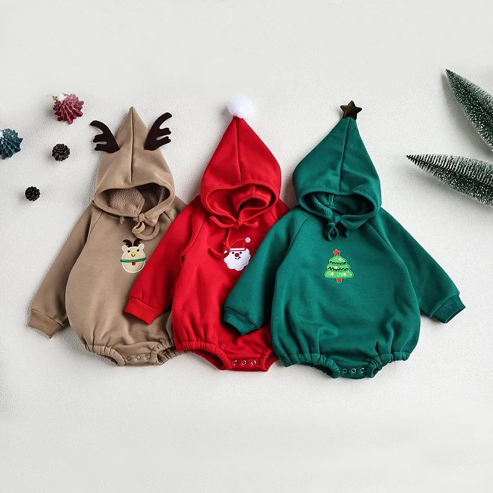 

Korean version of ins baby Christmas suit winter baby jumpsuit with plush and thick cartoon long sleeved crawling suit and hat