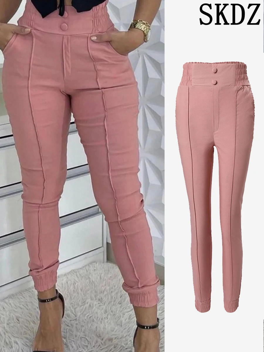 

Pink Contrast Piping High Waist Slim Pants Autumn New Fashion Versatile Casual Bottom For Women