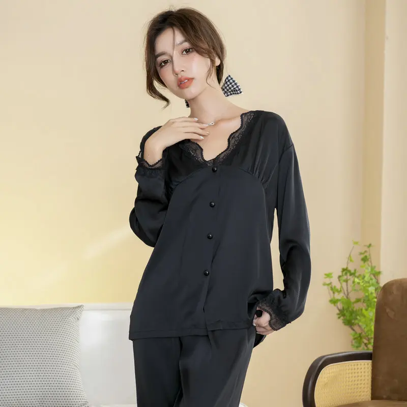 New Elegant Ladies Faux Silk Polyester lace Pajama Sets Sexy Homewear Women Casual Luxury Pajamas Thin Pajamas Female Sleepwear
