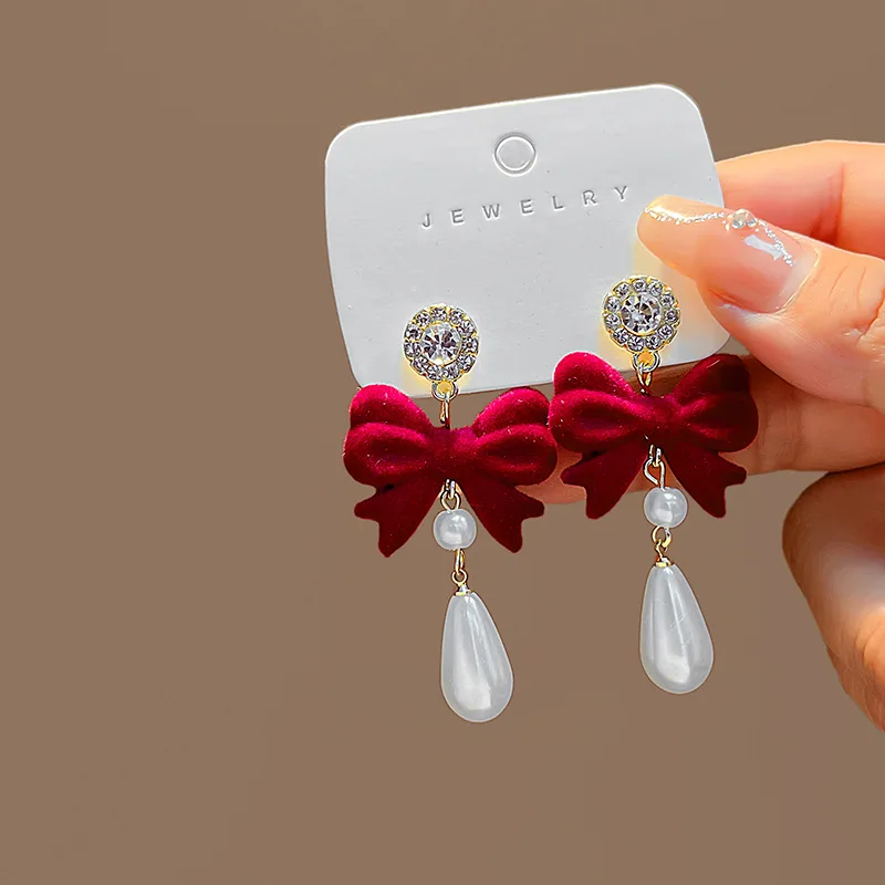 New Red Bow Knot Plush Pendant Drop Earring for Women Christmas Pearl Rhinestone Flocking Earrings Girls Xmas Jewelry Gifts