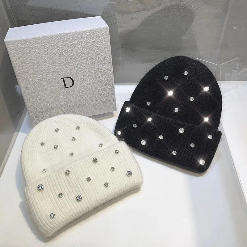 2024 Luxury Rhinestone Winter Hats for Womem Elegant Fashion Designer Angola Warm Beanies Soft  Solid Adult Cover Head Cap 3