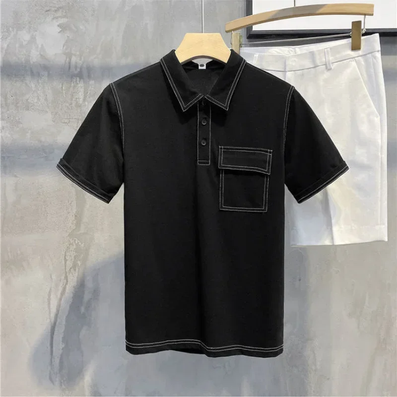 

Polo T Shirt for Men Blue Man with Collar Tee Shirts Slim Fit Clothing No Logo Streetwear Casual Top High Quality S New in Basic