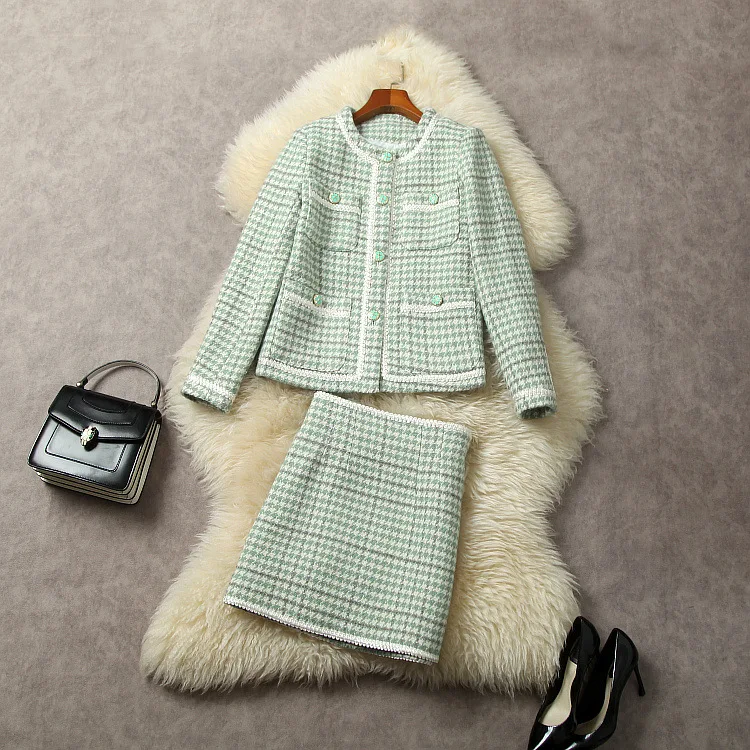 

Europe and the United States women's 2024 winter new Long-sleeved plaid single-breasted coat skirt fashion Green tweed suit