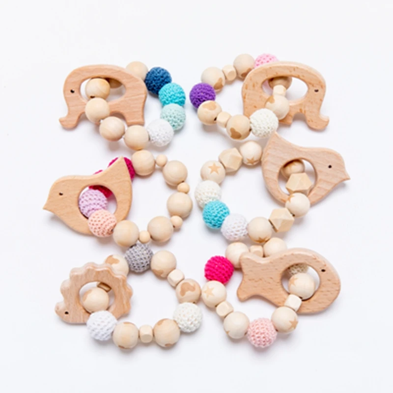 Baby Wooden Teether Beech Animal Wooden Rattle Toy Wood Teething Toys Baby Rattle Beads Bracelets Wooden Toys for children Gift 6