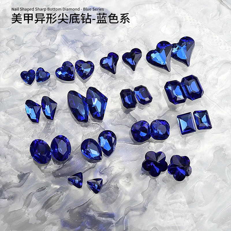 30PCS Sparkle Translucent Dark Blue Diamonds Various Shapes Heart Axe Drop Nail Art Rhinestones Decorations Manicure Ornaments