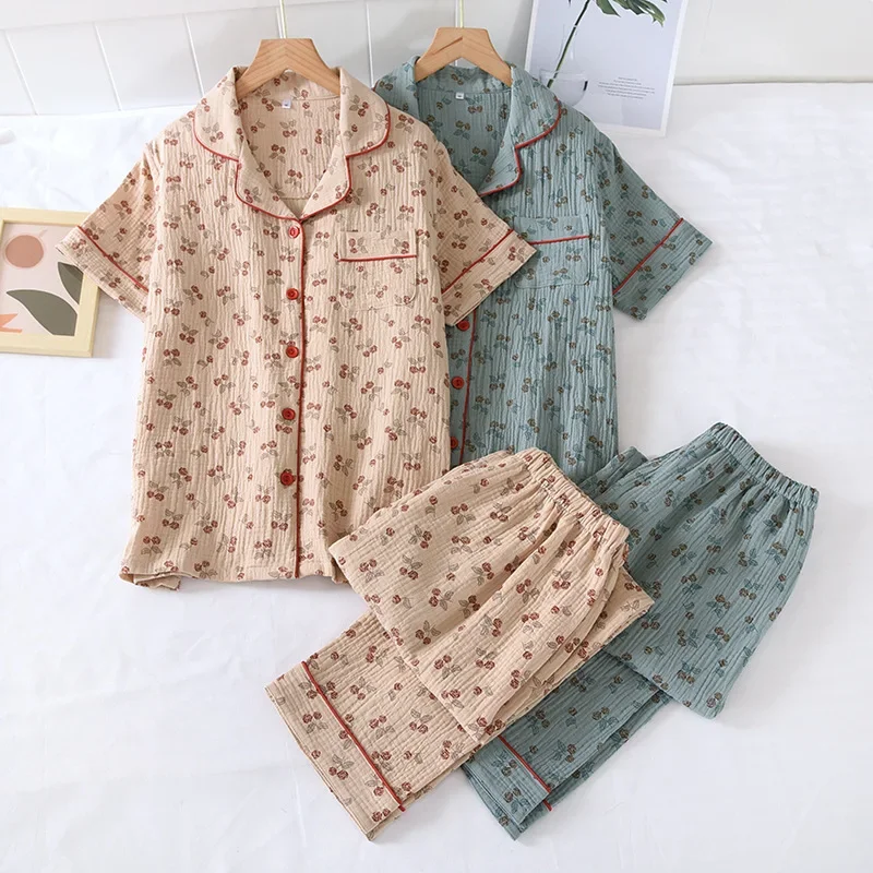 

Spring and summer new women's pajamas short-sleeved + trousers two-piece set 100% cotton crepe home service small Rose suit