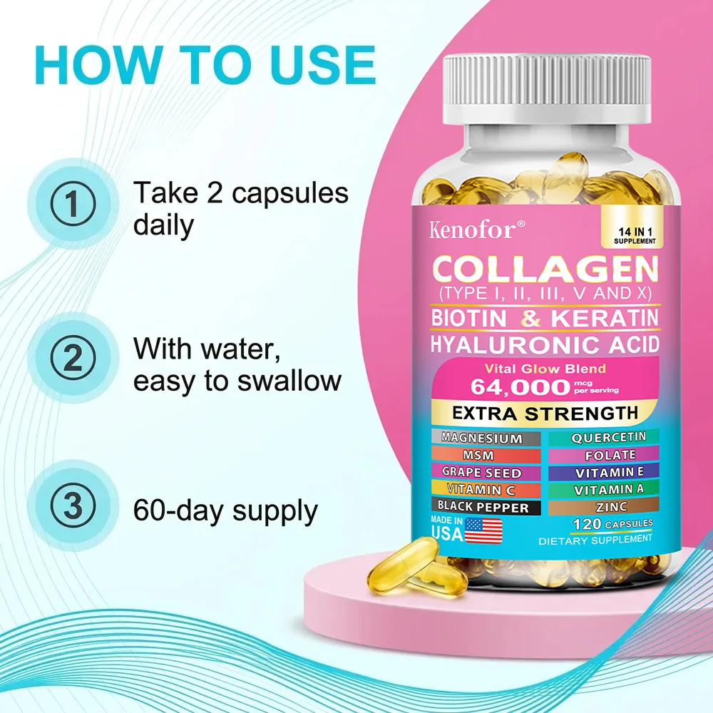 Collagen Capsules with Types I,II,III,V,X + Biotin Keratin Vitamins, Anti‑Aging, Skin Whitening, Hair, Nail Care & Joint Support