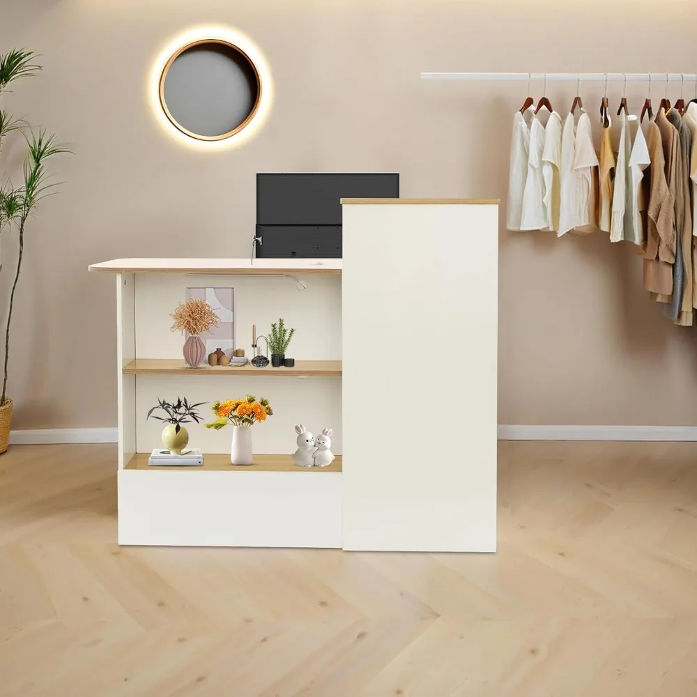 47in Reception Desk with Locking Drawer, Open Shelves & LED Lights for Office Store Restaurant Salon