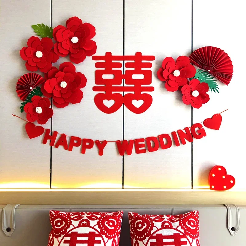 Chinese Wedding Decoration 3D Red Flower Happy Words Decor For Wedding Room Living Room TV Background Wall Party Supplies