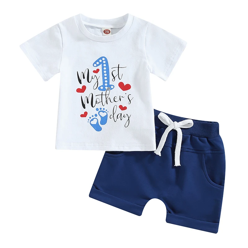 Baby Boys Summer Outfits Mother s Day Letter Print Short Sleeve T-shirt and Casual Elastic Shorts Set