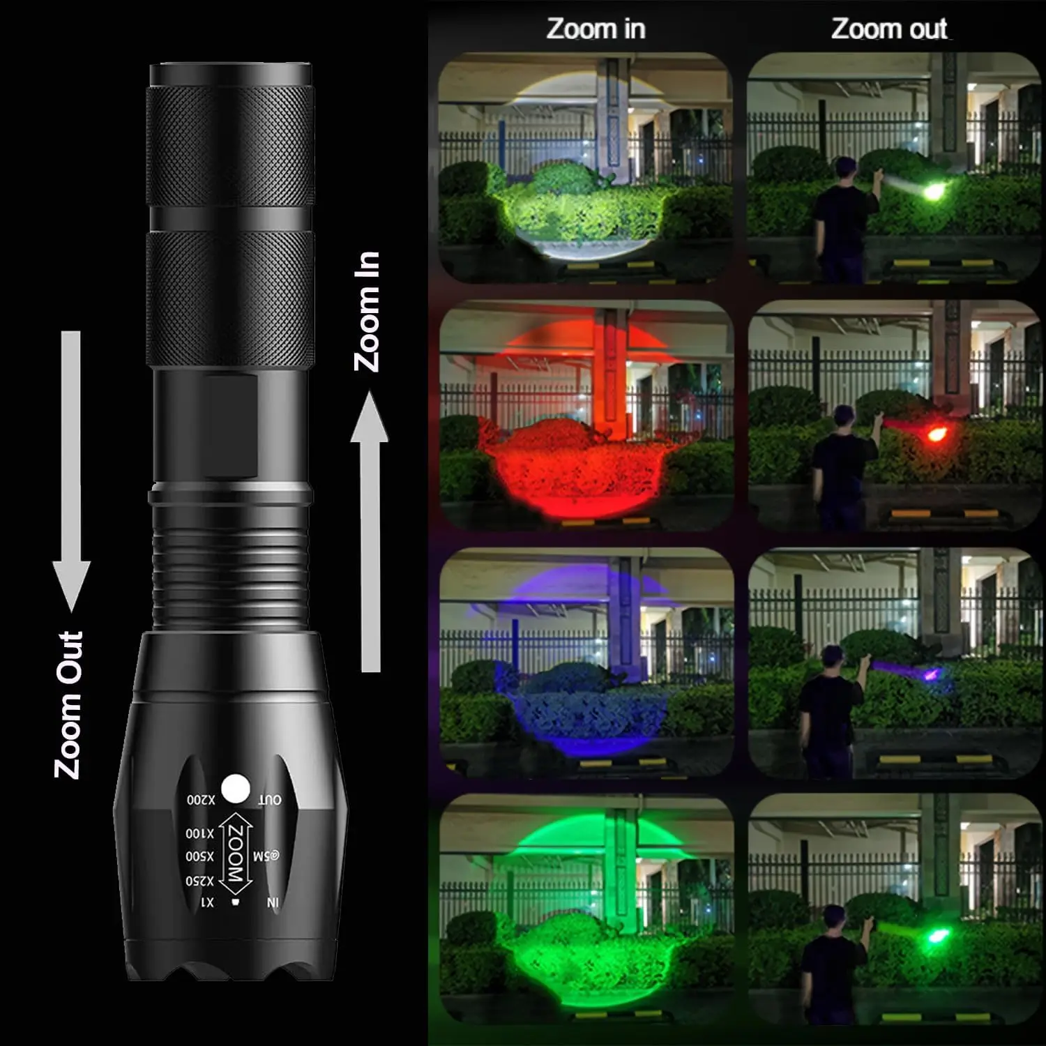 LED Flashlight Multicolor 4 Colors in 1 White Red Blue Green 4 Modes Zoomable Rechargeable