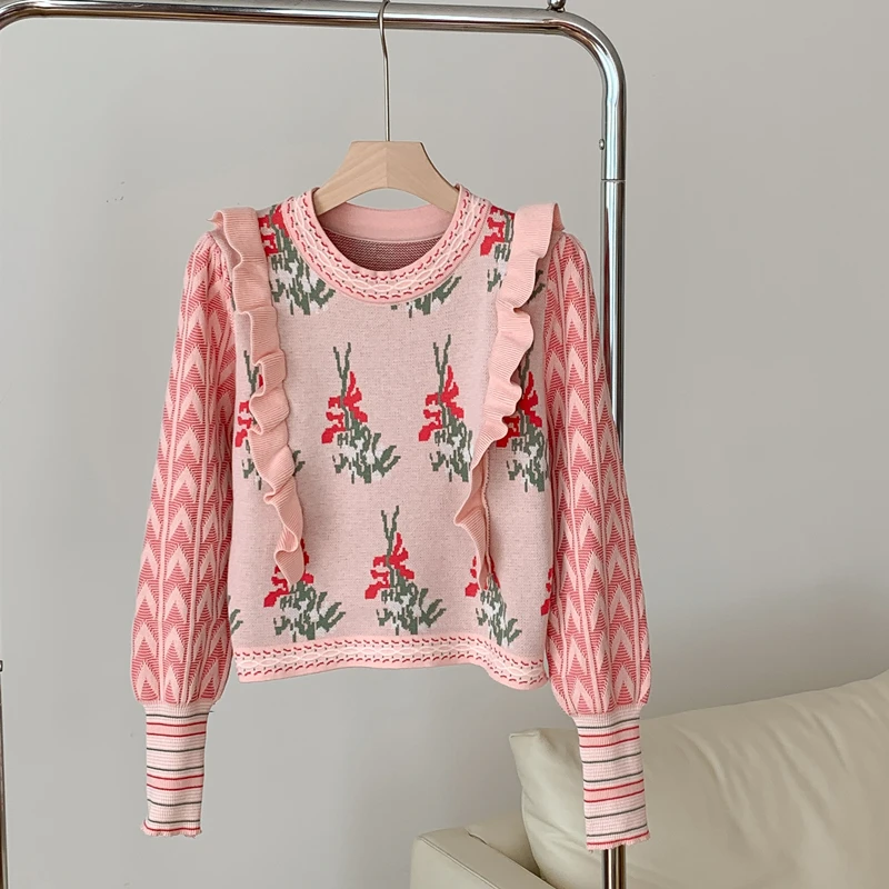 

Spring Autumn Sweater Top Women's Ruffles Long Sleeve Pullover