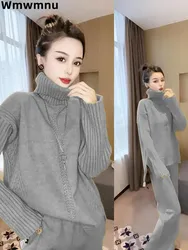 Casual Soft Turtleneck Pullover Sweater 2 Piece Set Korean Knitwear Pull Sweater Top Conjunto Baggy Wide Leg Knitted Pant Outfit