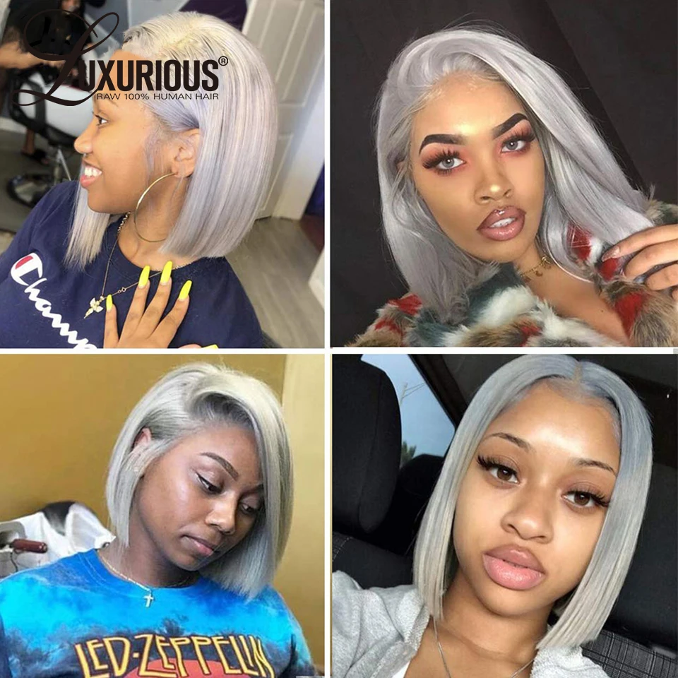 Human Hair Wig Sliver Grey Short Bob 13x4 Transparent Lace Frontal Wig Straight Brazilian Remy Hair Wig For Women