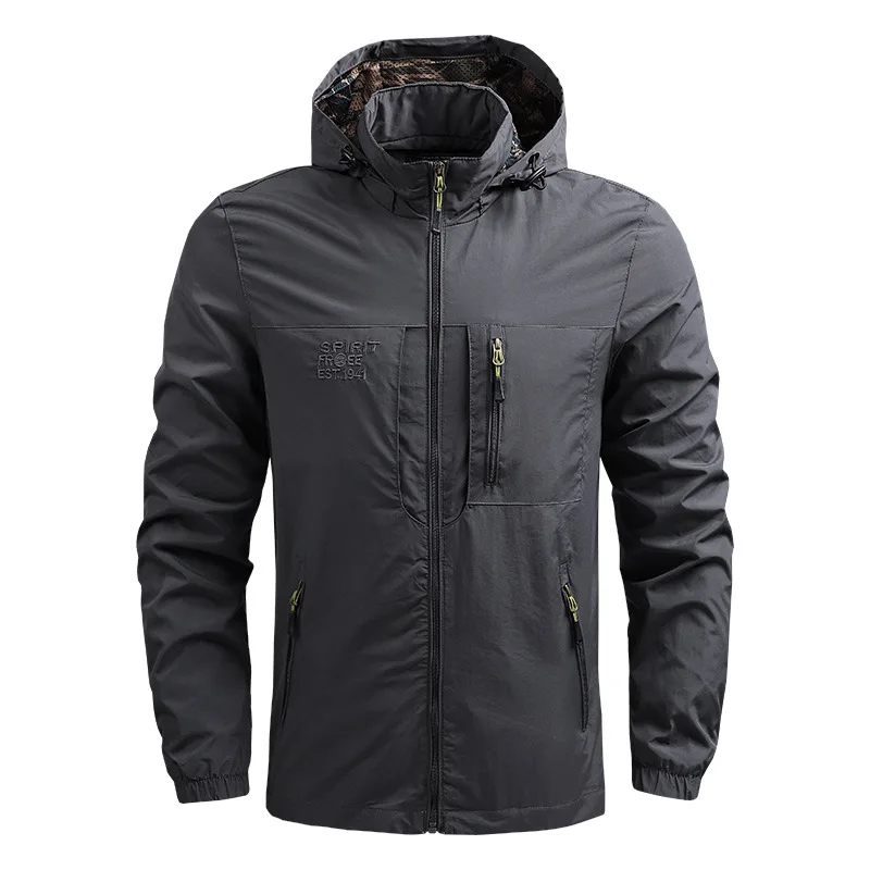 2024 Men's Jacket Summer Windproof Solid Color Multi Pocket Mountaineering Hunting Tactical Coat Fashion Versatile windbreaker