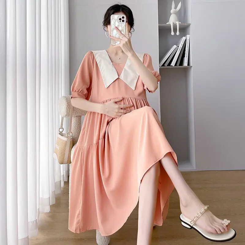 

Korean Style Summer Maternity Chiffon Dress Preppy Style Block Color Turn-Down Collar Patchwork Pregnant Woman A-line Dress Cute