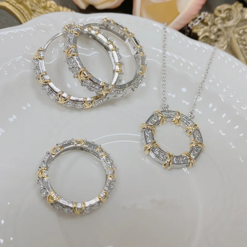 925 Sterling Silver Light Luxury Niche Design Sense Cross Zircon Ring Exquisite Bracelet Cross Round Necklace Women's Party Jewe 2