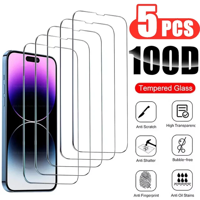 5Pcs Tempered Glass for IPhone 14 13 12 11 Pro Max Screen Protector for IPhone 12Mini 13Mini 7 8 14 Plus SE X XS XR 14Pro Glass